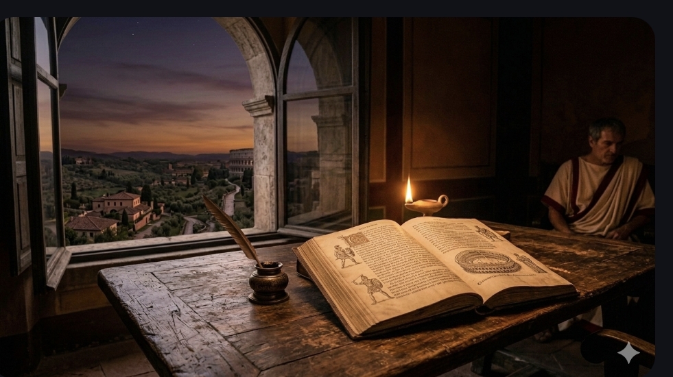 A senator pauses at a candlelit desk, journal open, quill in inkwell, Tuscan dusk through the window